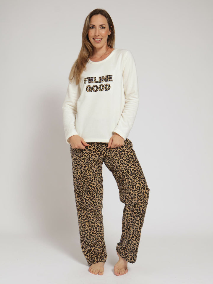 Long Sleeve Cheetah Print Polar Fleece Pj Set - Beige