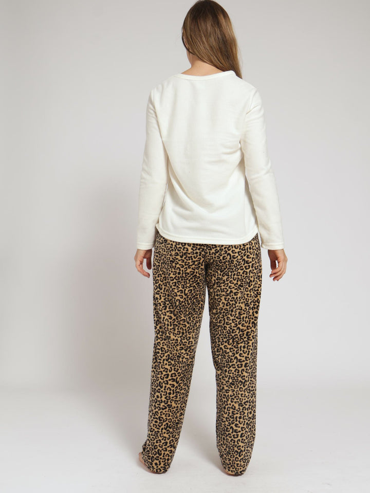 Long Sleeve Cheetah Print Polar Fleece Pj Set - Beige