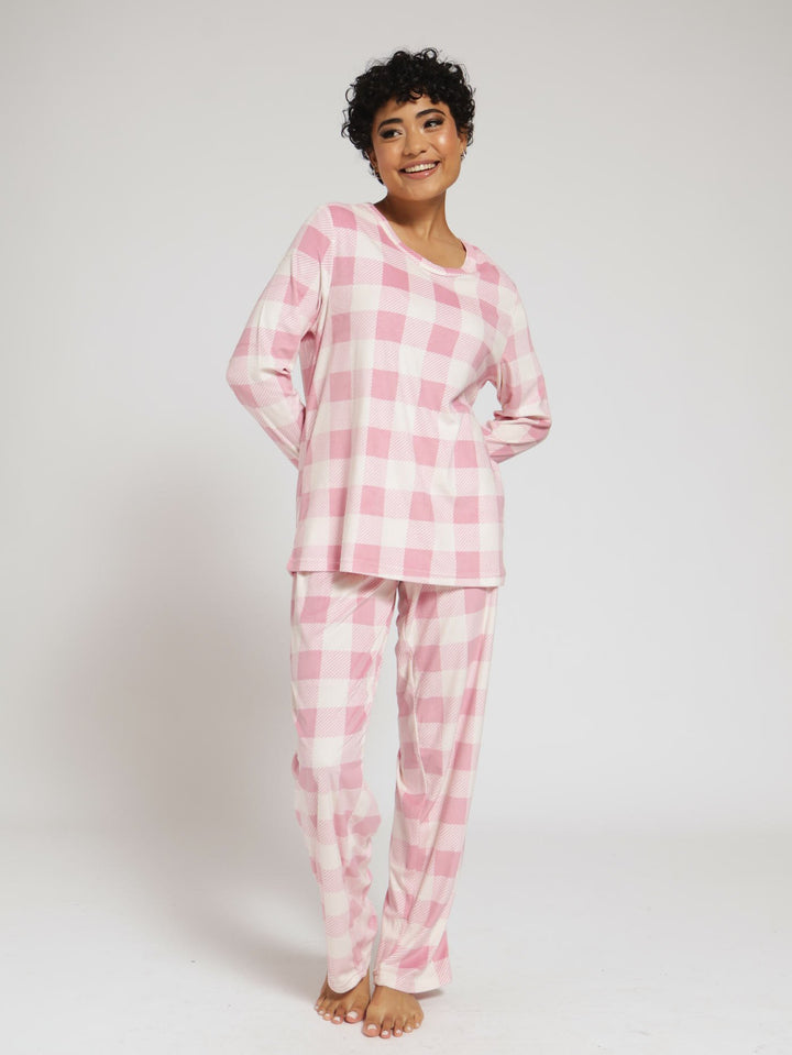 Long Sleeve Velour Check Pj Jogger Set  - Pink