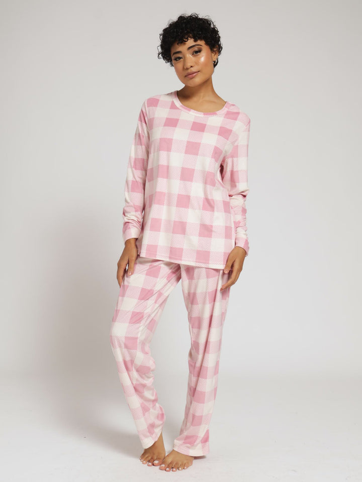 Long Sleeve Velour Check Pj Jogger Set  - Pink