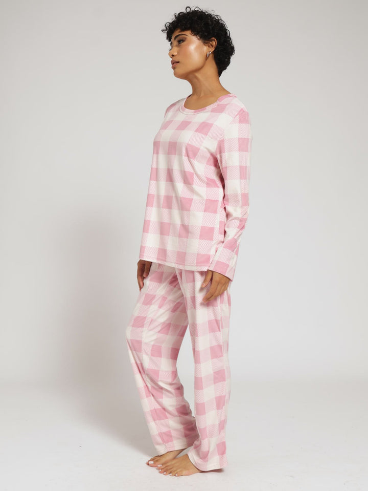 Long Sleeve Velour Check Pj Jogger Set  - Pink