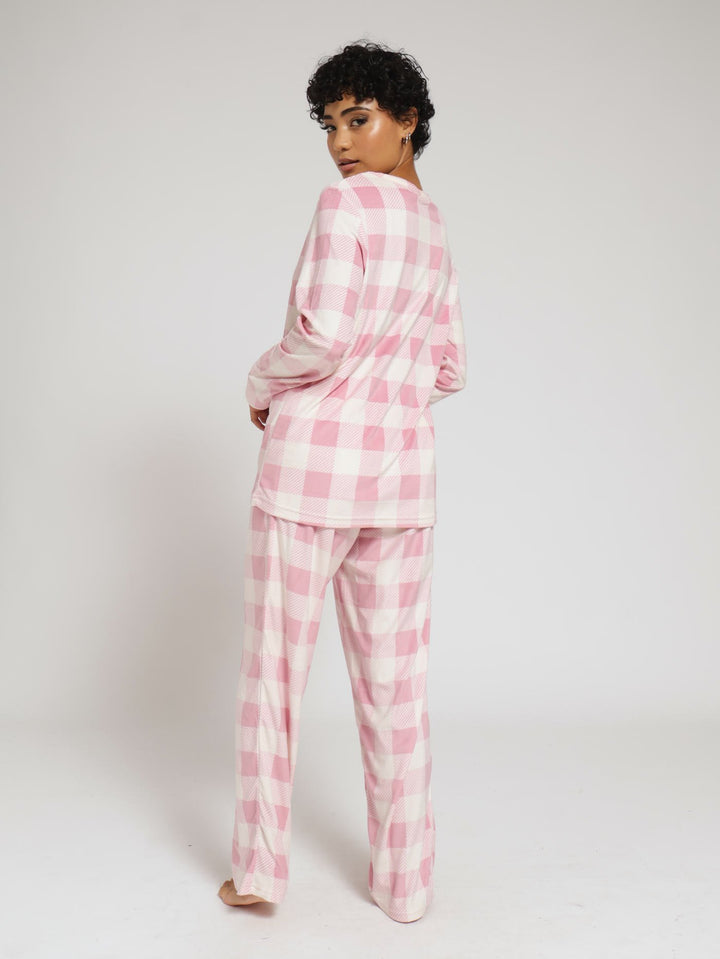 Long Sleeve Velour Check Pj Jogger Set  - Pink