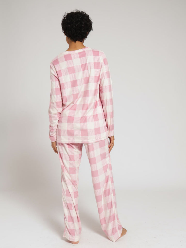 Long Sleeve Velour Check Pj Jogger Set  - Pink