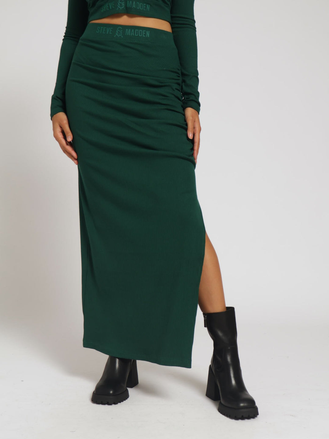 Layla High Waisted Rib Bodycon Midi Skirt - Green