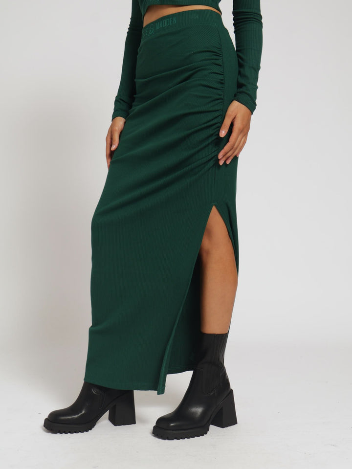 Layla High Waisted Rib Bodycon Midi Skirt - Green