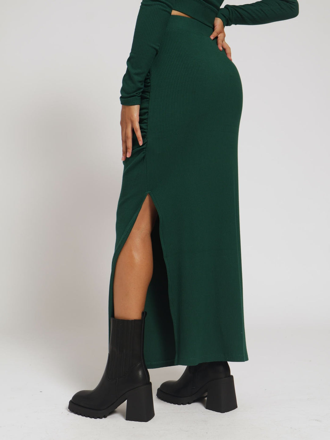 Layla High Waisted Rib Bodycon Midi Skirt - Green