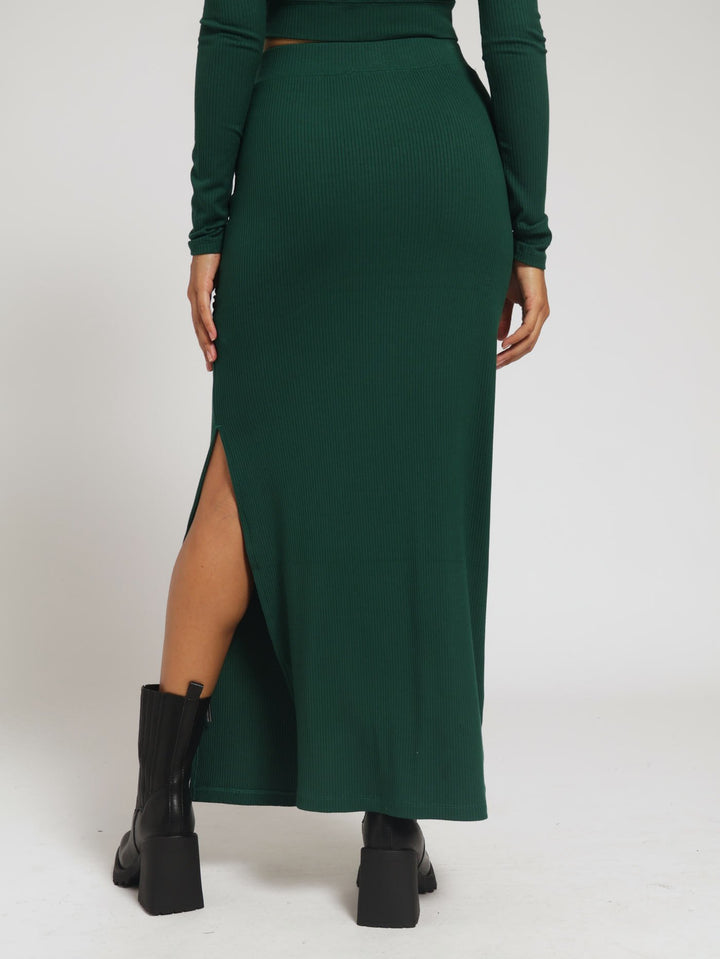 Layla High Waisted Rib Bodycon Midi Skirt - Green