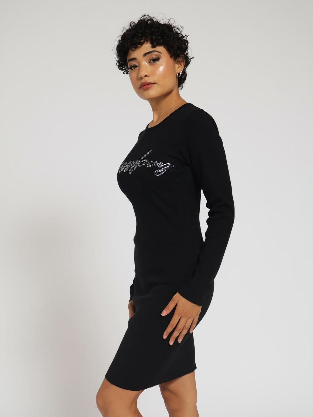 Fitted Rib Knit Bling Logo Dress - Black