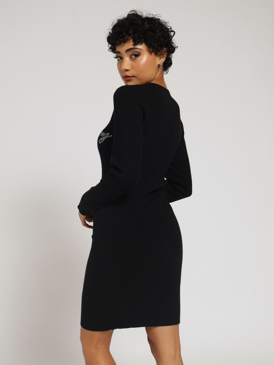 Fitted Rib Knit Bling Logo Dress - Black