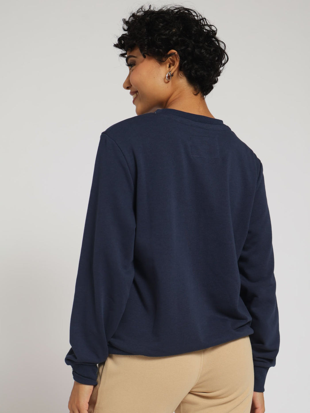 Unbrushed Fleece Applique Embroidery Sweat Top - Blue