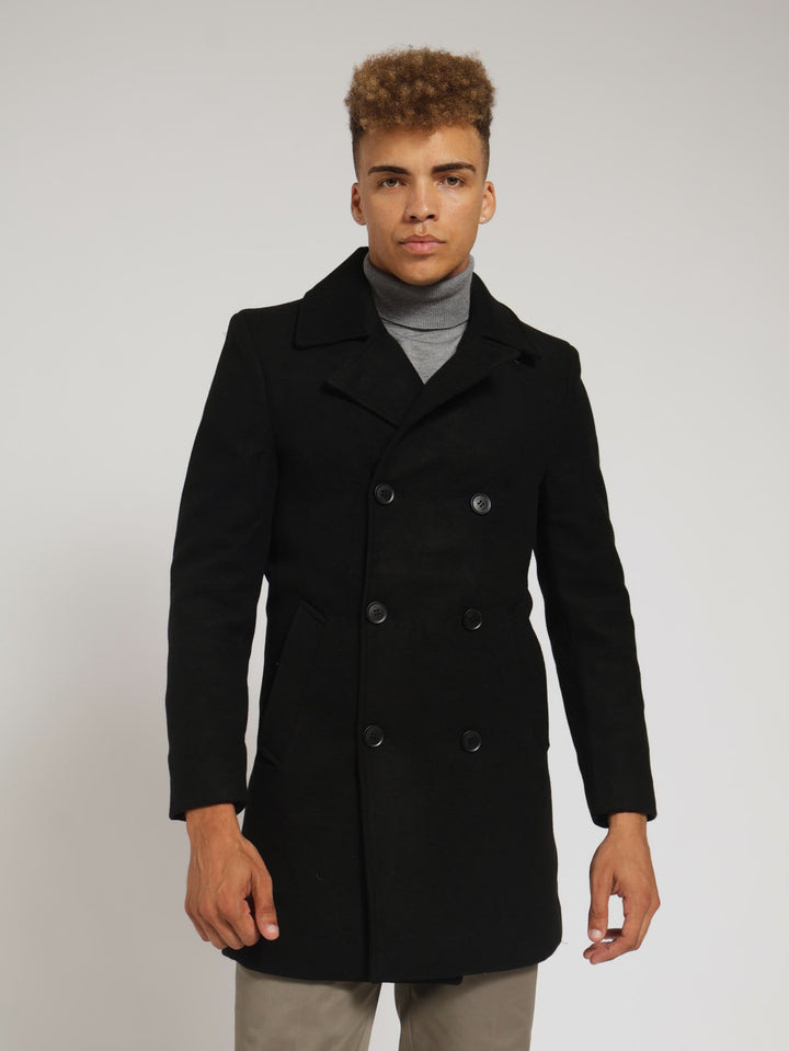 Double Breasted Melton Coat - Black