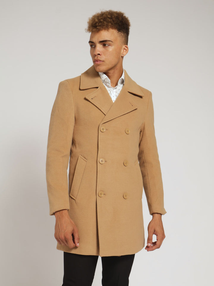 Double Breasted Melton Coat - Camel