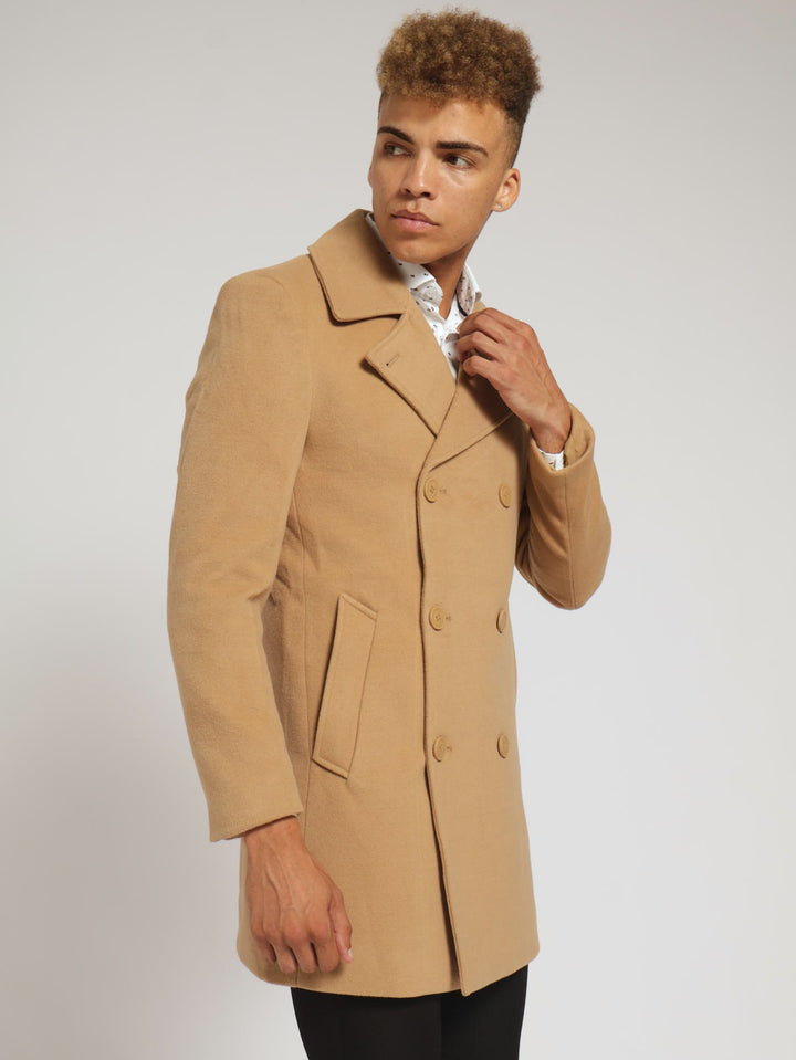 Double Breasted Melton Coat - Camel