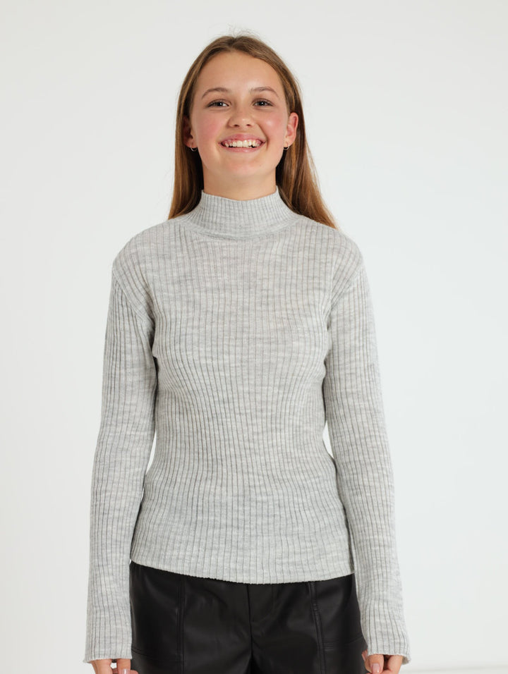 Ribbed Turtleneck Top - Grey Melange