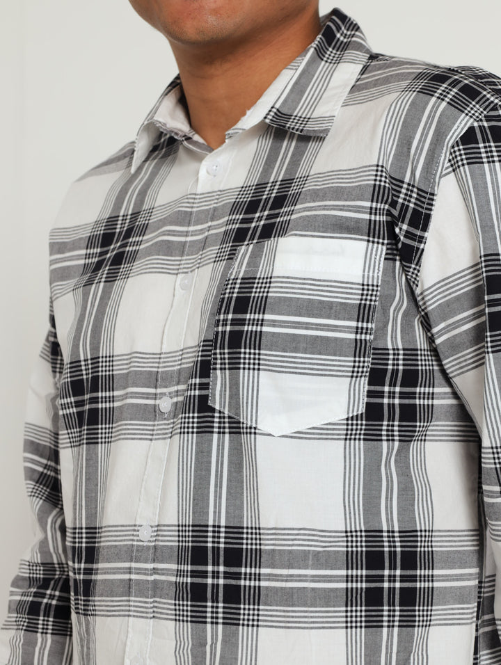 Long Sleeve Check Woven Shirt  - White/Black