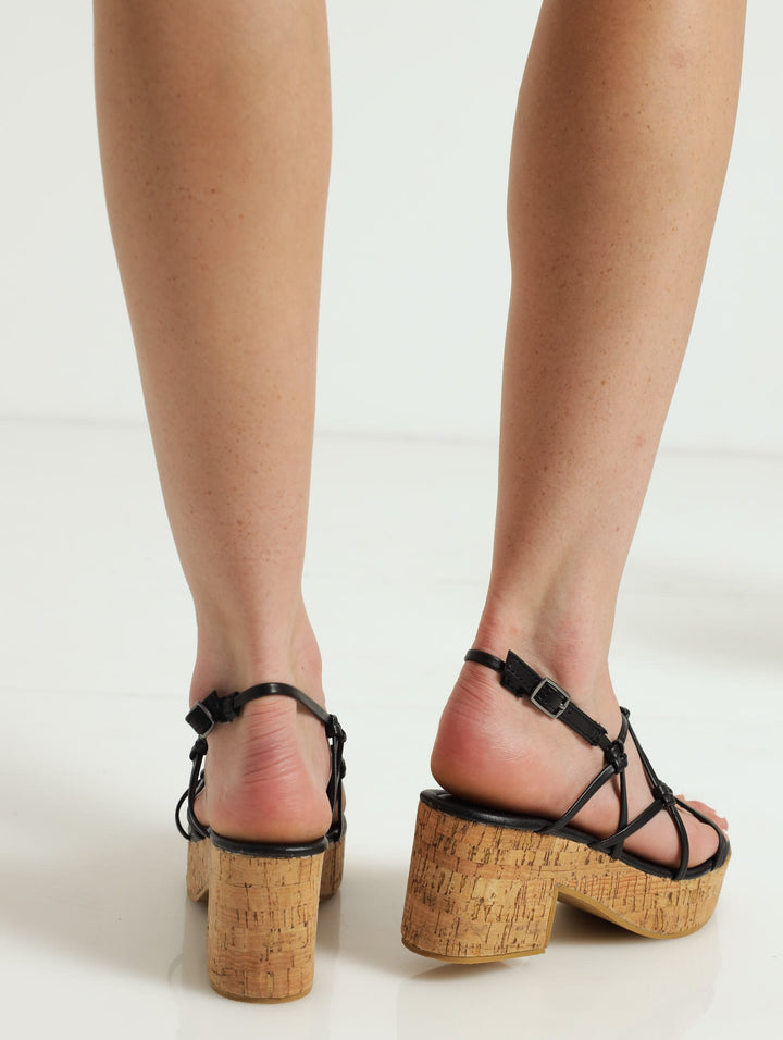 Knotted Multi-Strap Slingback On Cork Low Plaform Heel - Black