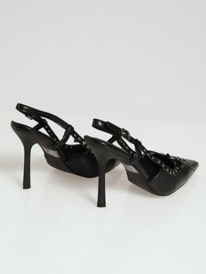 Stud & Lace Pointed Toe Stiletto Heel - Black