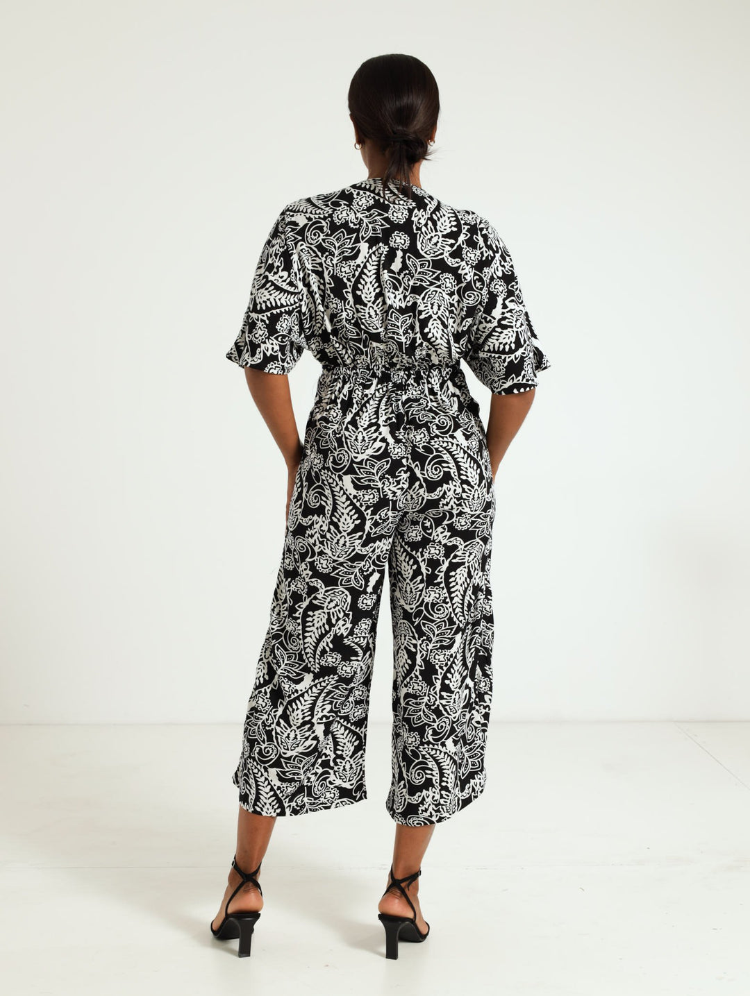 Wrap Front Cullotte Jumpsuit - Black/White