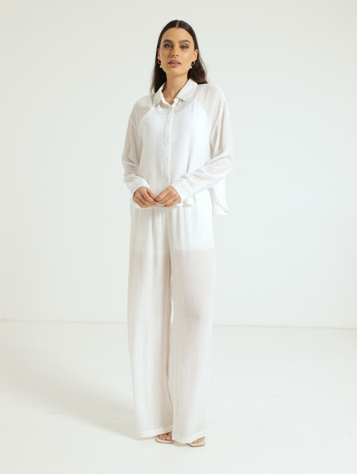 Long Sleeve Relaxed Crinkle Shirt - Off White