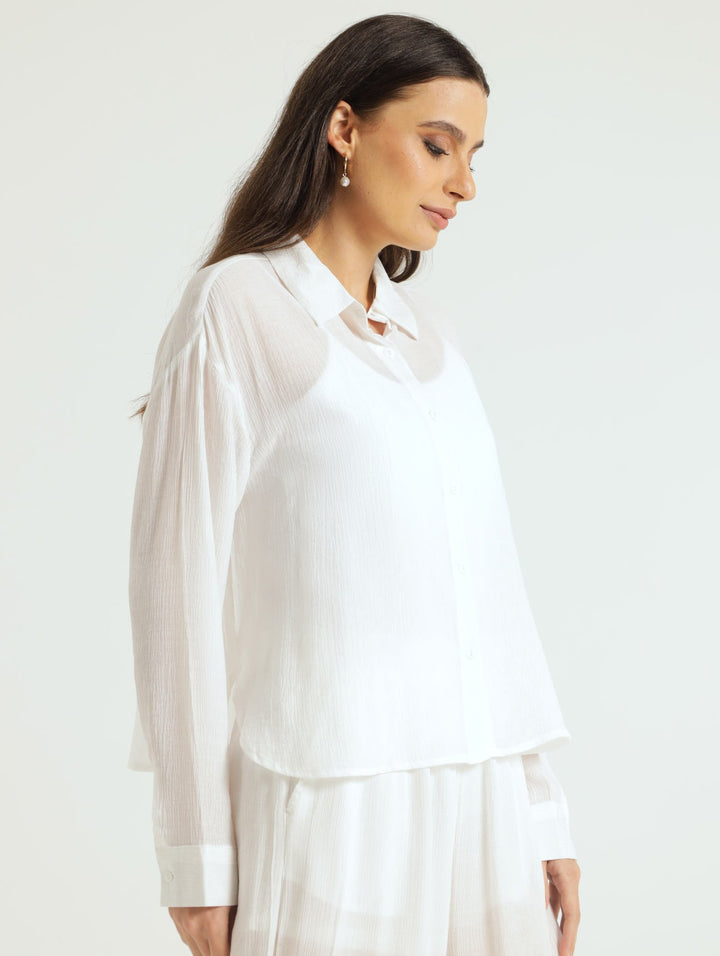 Long Sleeve Relaxed Crinkle Shirt - Off White