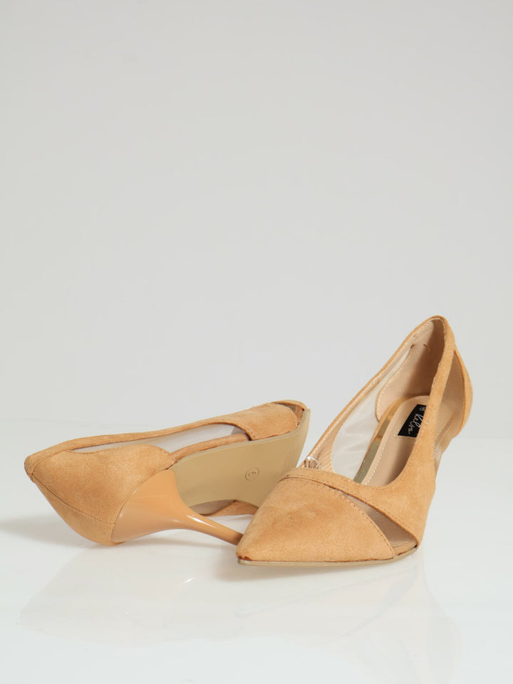 Mesh Insert Kitten Court Heel - Natural