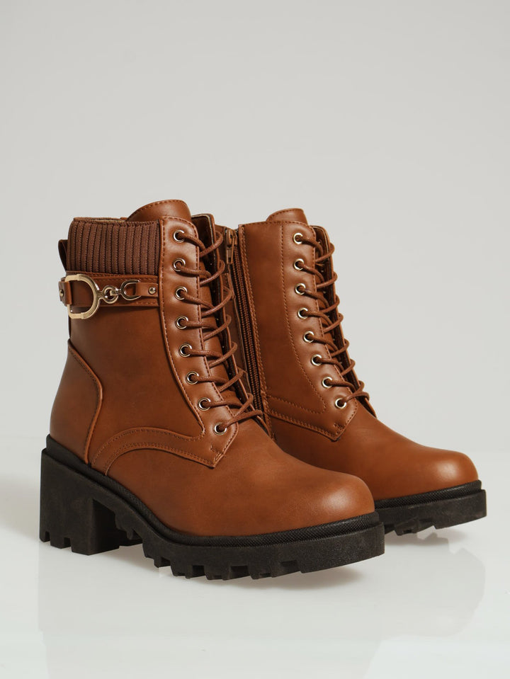Chunky Military Boot With Sock Detail Belt Trim - Tan