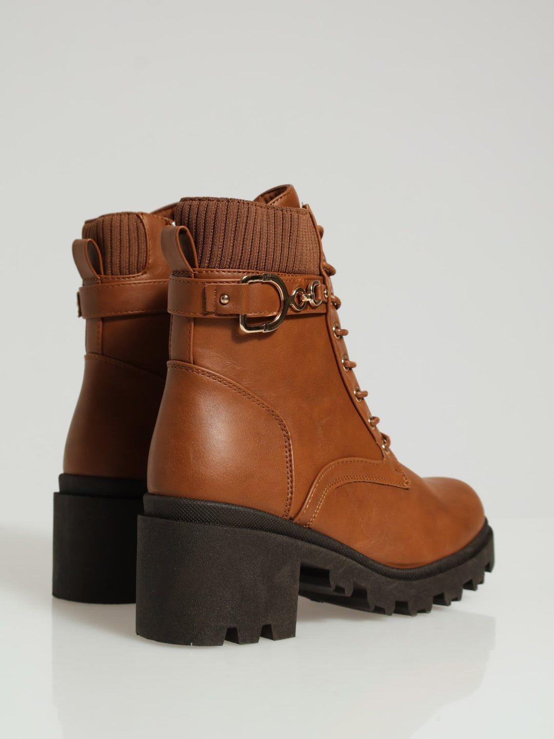 Chunky Military Boot With Sock Detail Belt Trim - Tan