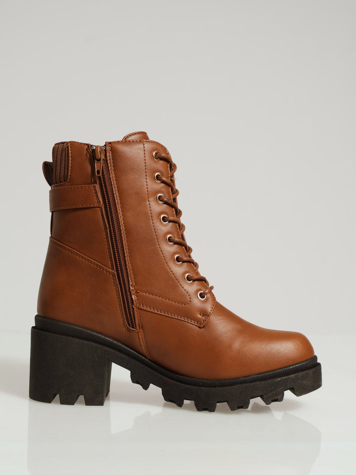 Chunky Military Boot With Sock Detail Belt Trim - Tan