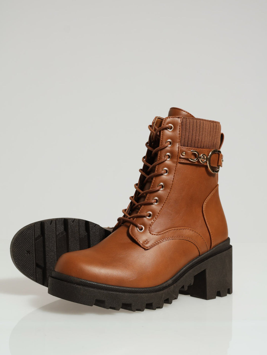 Chunky Military Boot With Sock Detail Belt Trim - Tan