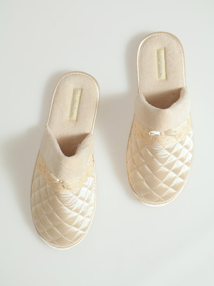 Quilted Closed Toe Slipper With Bow & Fur Topline - Champagne