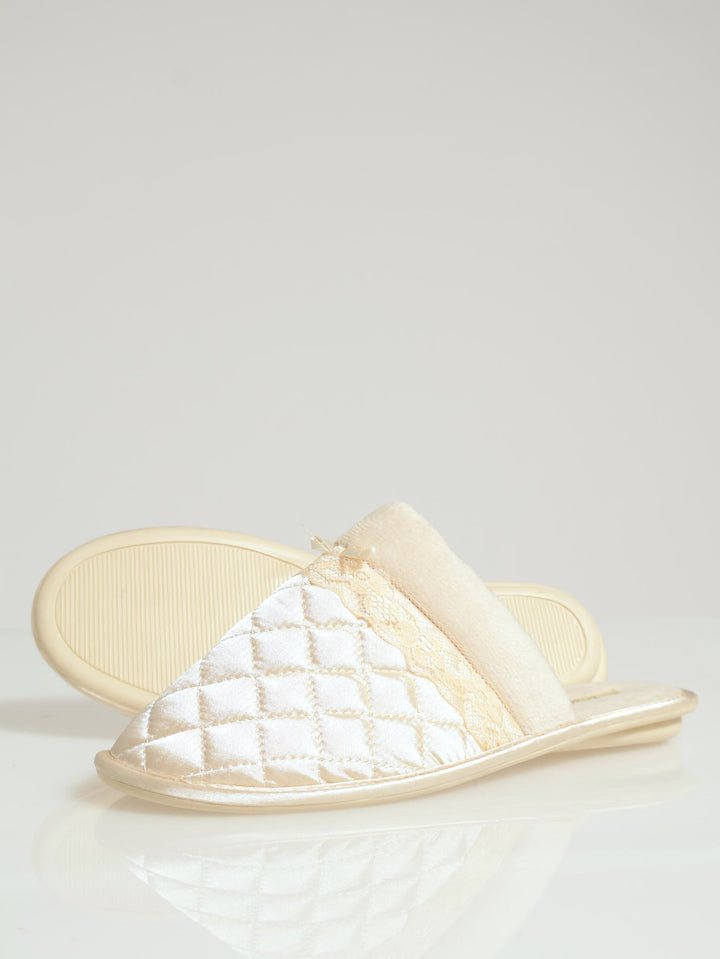 Quilted Closed Toe Slipper With Bow & Fur Topline - Champagne