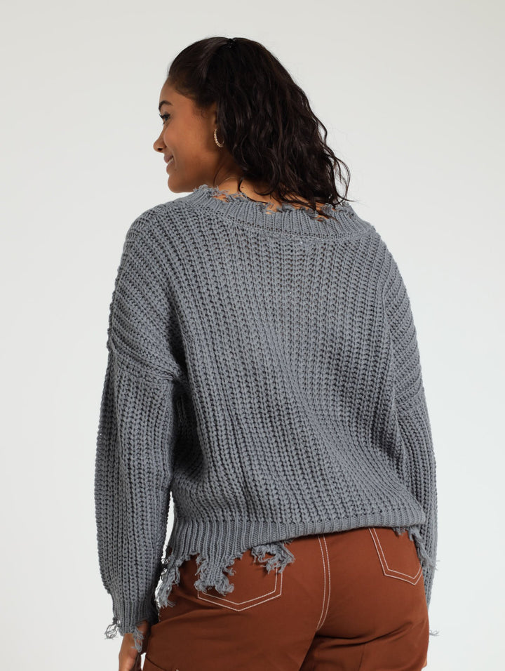 Ripped V-Neck Knit Top - Smokey Blue