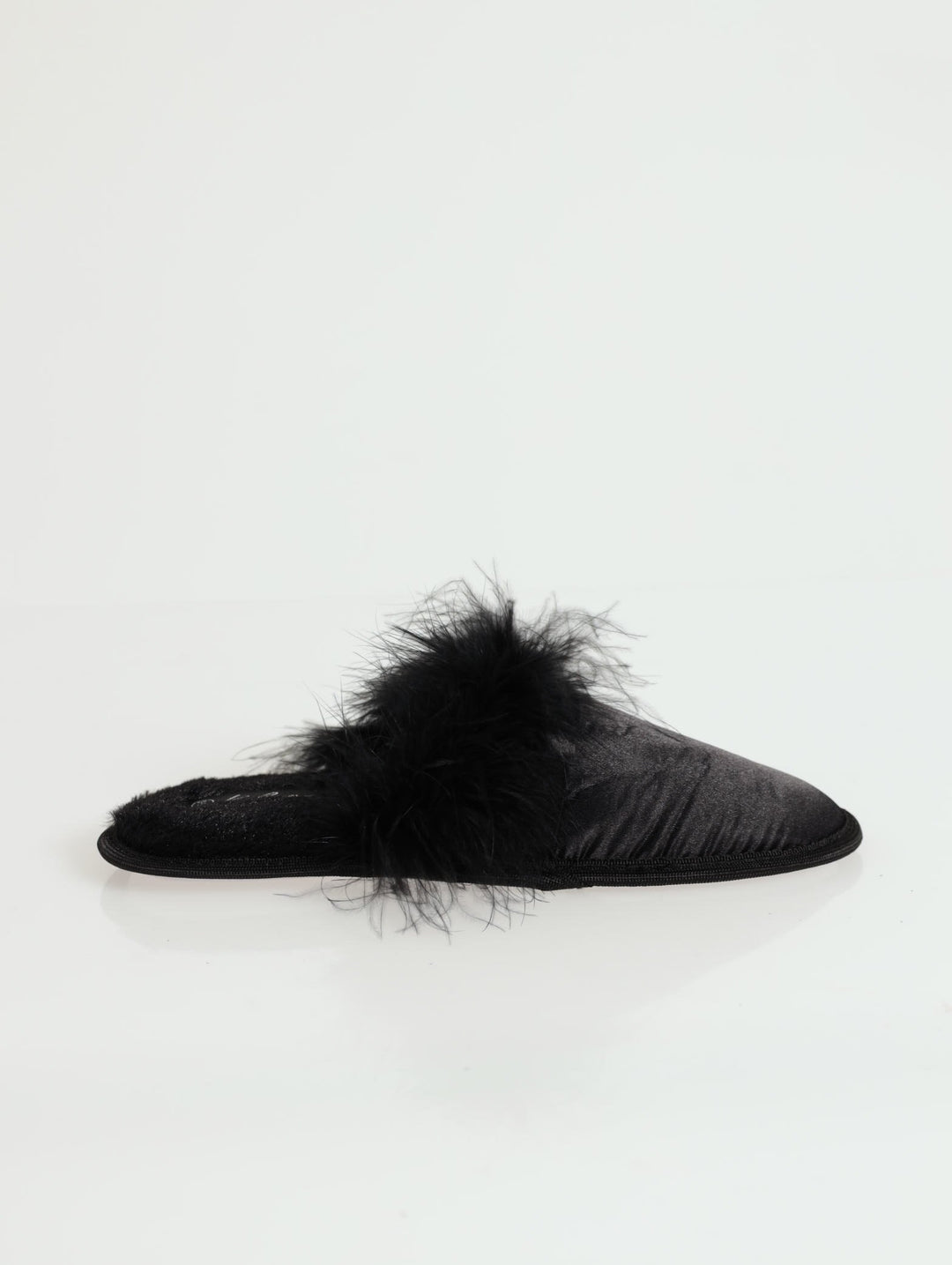 Satin And Feather Slipper With Jewel Buckle -Black