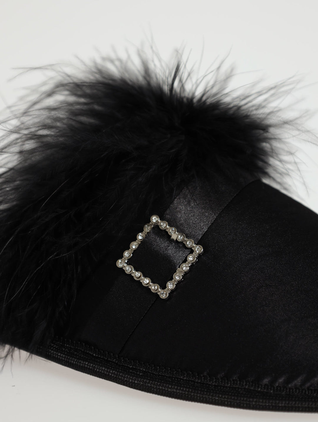 Satin And Feather Slipper With Jewel Buckle -Black