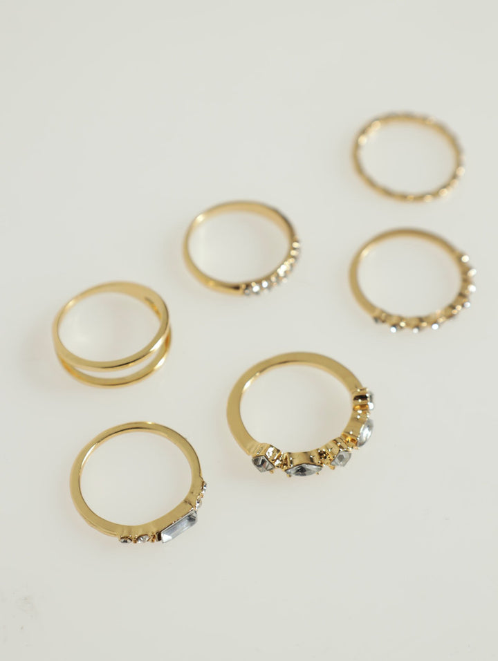 7 Pack Diamante Rings - Gold