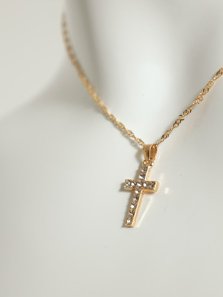 Diamante Pendant Cross Necklace - Gold