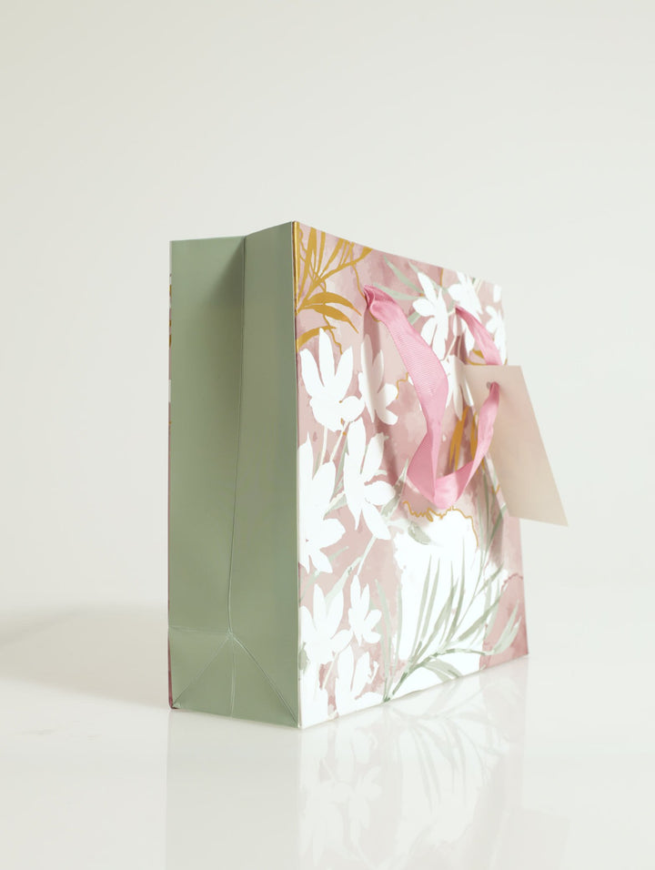 White Floral With Foil Gift Bag - Mauve