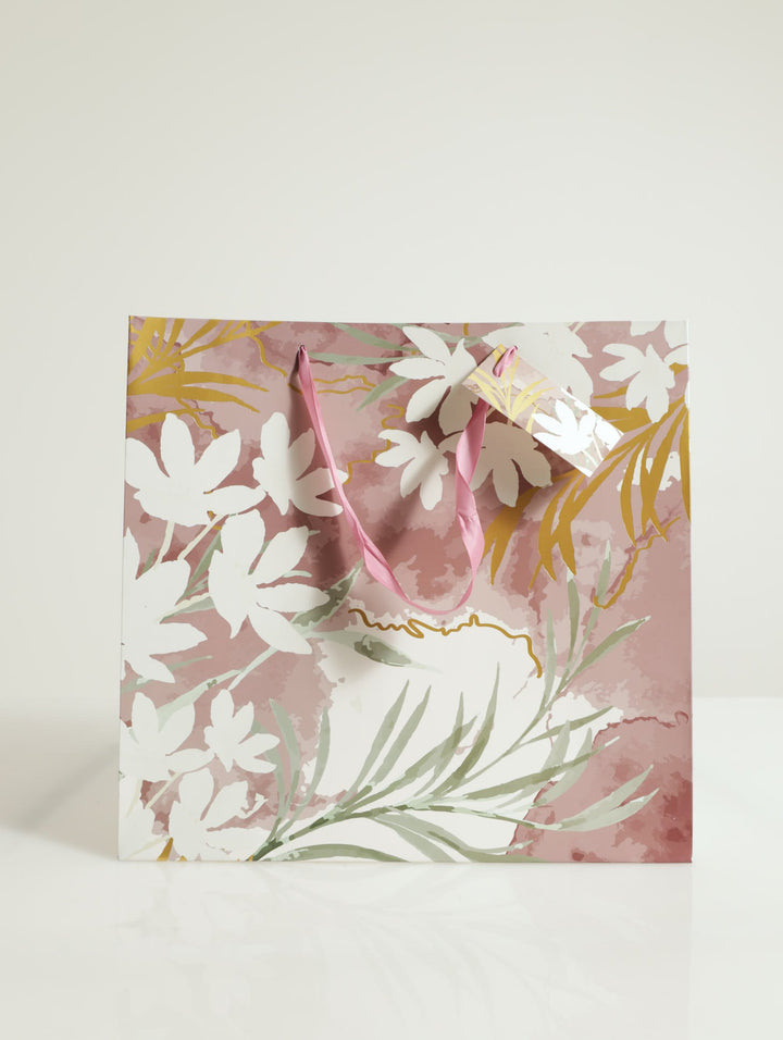 White Floral With Foil Gift Bag - Mauve