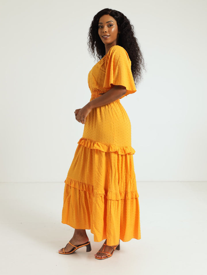 Flutter Sleeve Tiered Cutout Maxi Dress - Light Orange