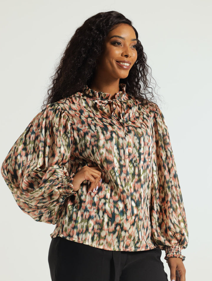 Long Sleeve Hi-Neck Burnout Blouse