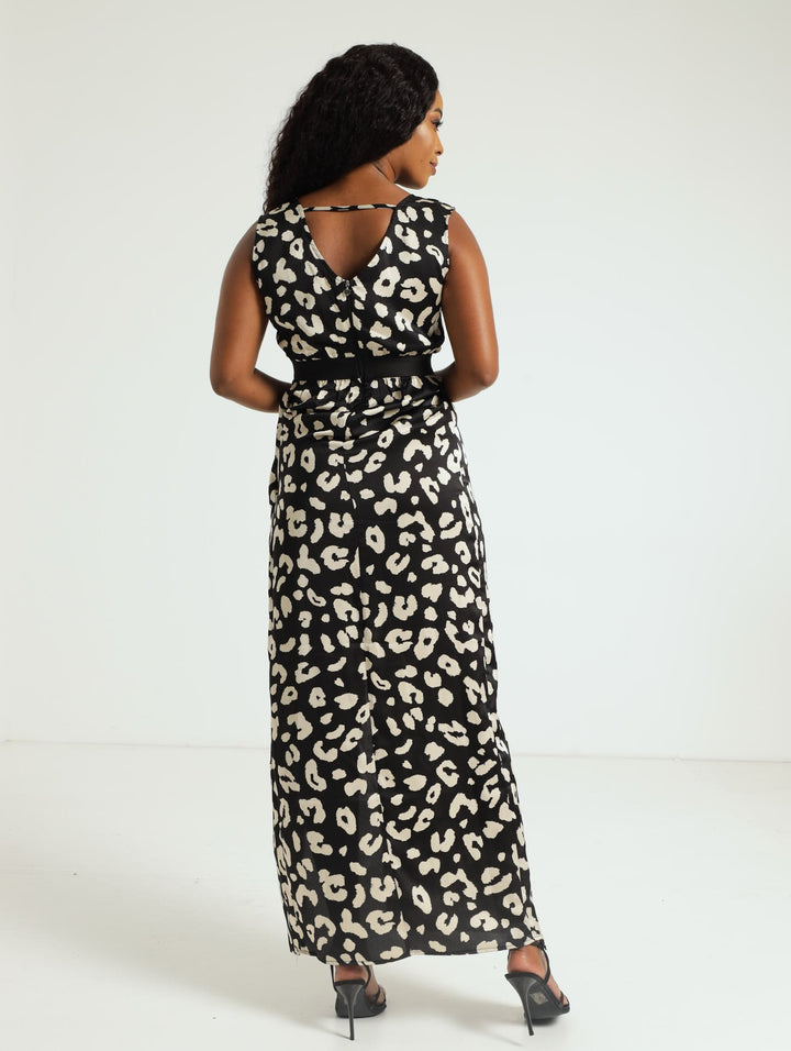Elasticated Printed Woven Maxi Dress - Black/Beige