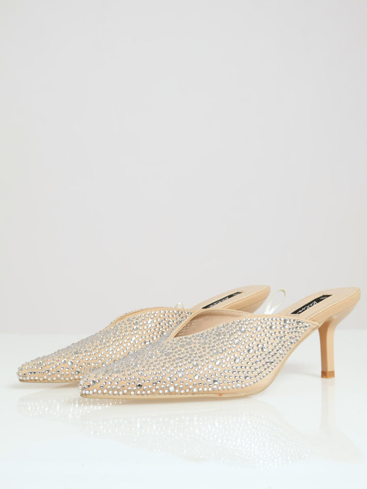 Fully Embellished Pointed Push In Kitten Heel - Beige