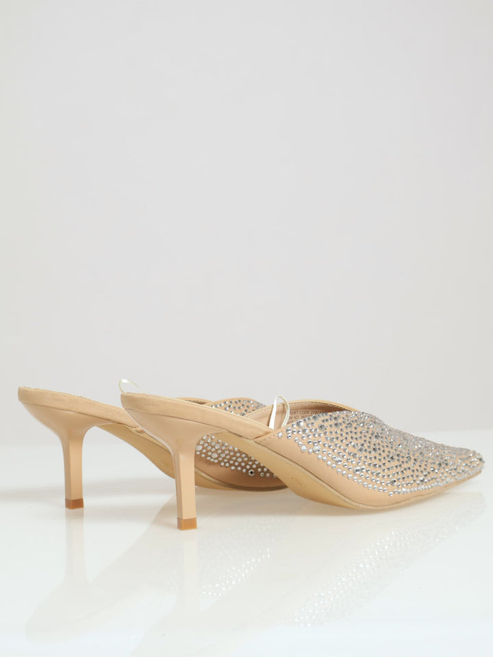 Fully Embellished Pointed Push In Kitten Heel - Beige