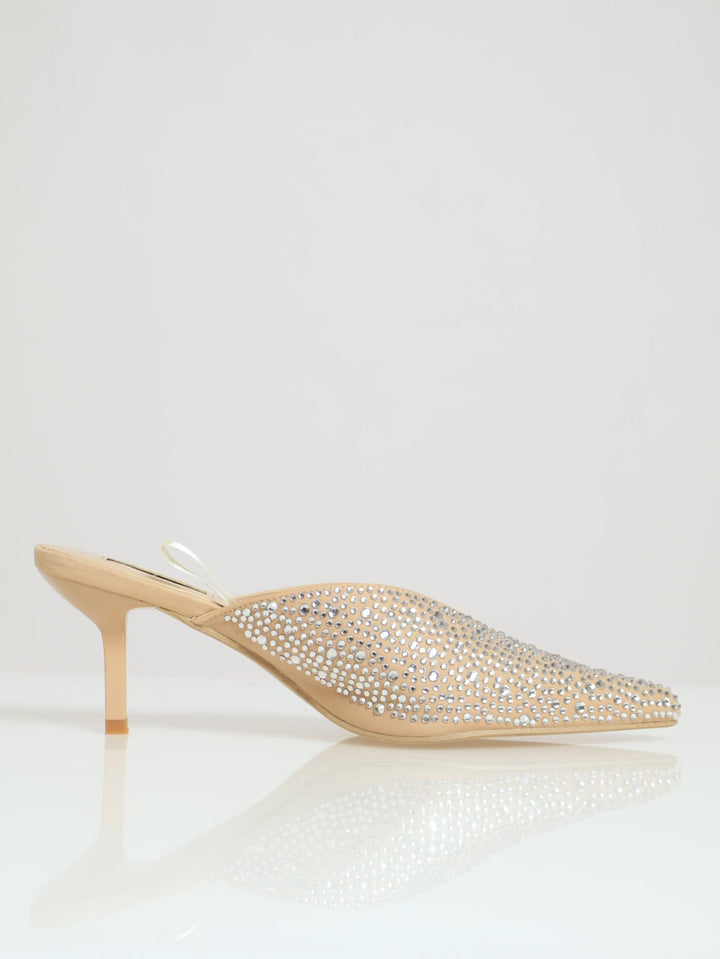 Fully Embellished Pointed Push In Kitten Heel - Beige