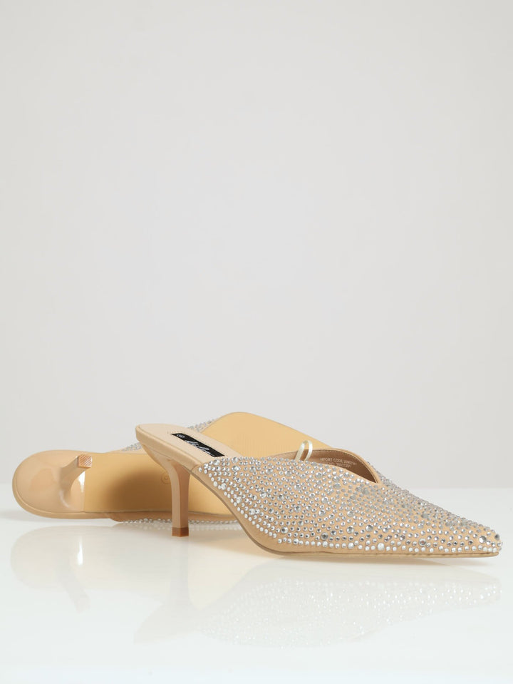 Fully Embellished Pointed Push In Kitten Heel - Beige