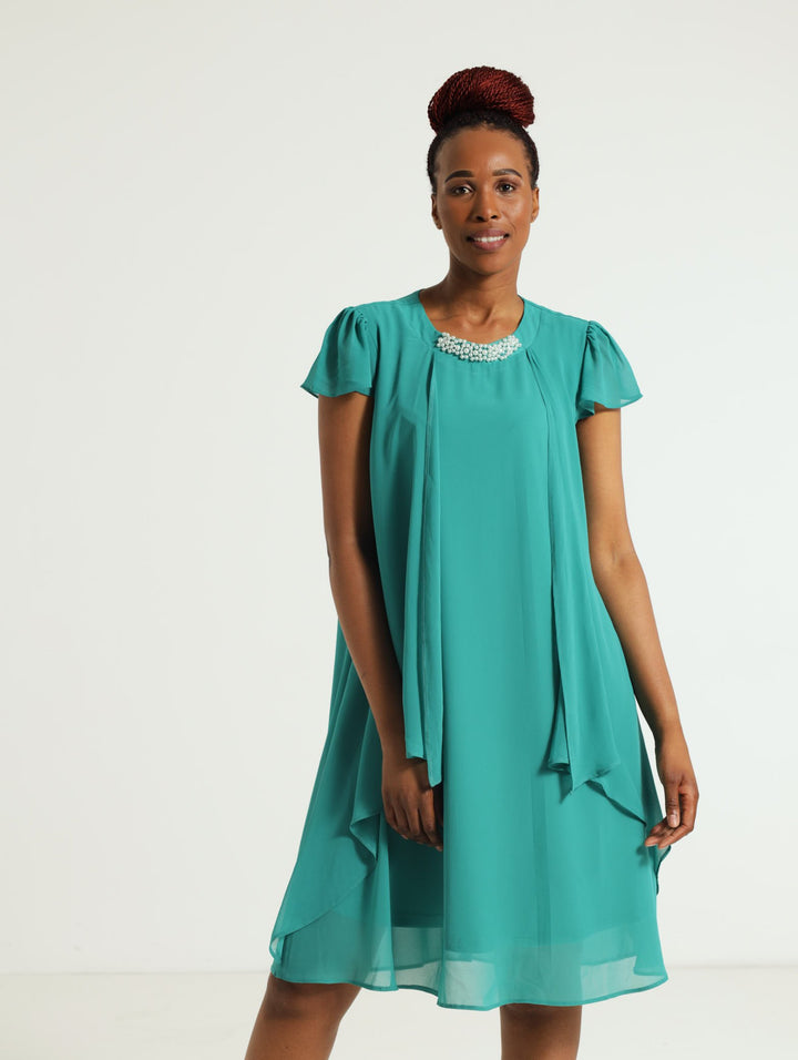 Cap Sleeve Overlay Dress With Pearl Trim - Teal