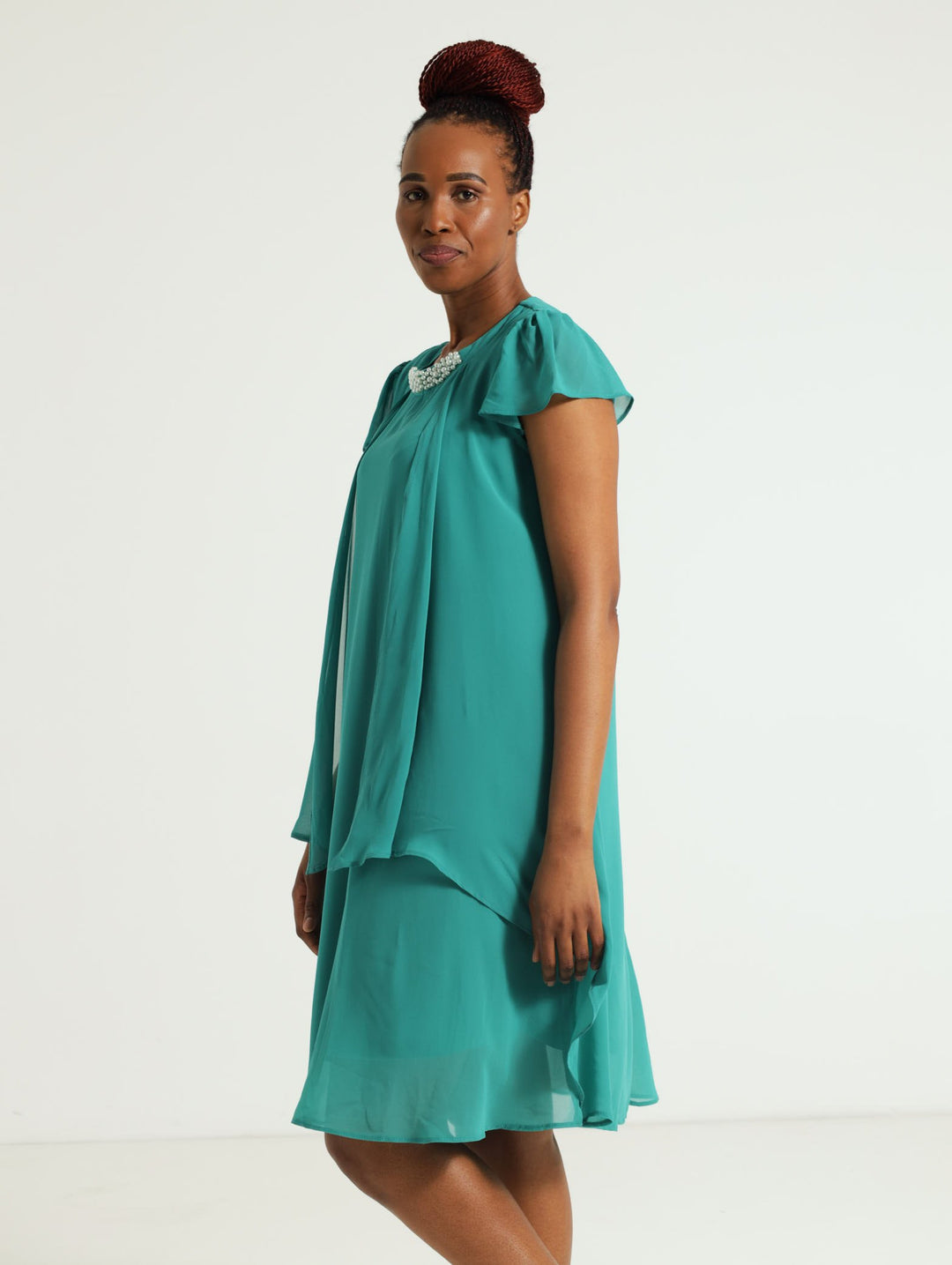 Cap Sleeve Overlay Dress With Pearl Trim - Teal