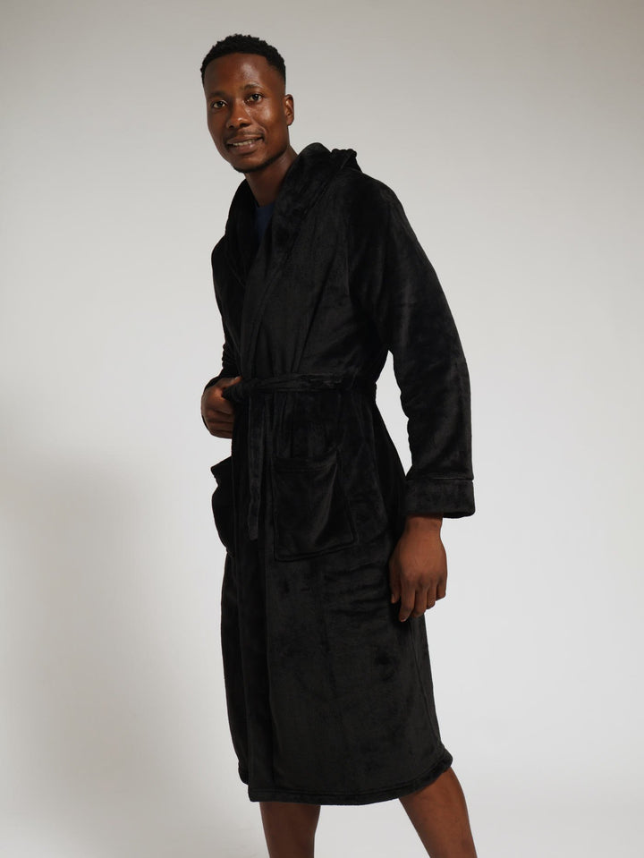 Solid Flannel Fleece Hooded Gown - Black
