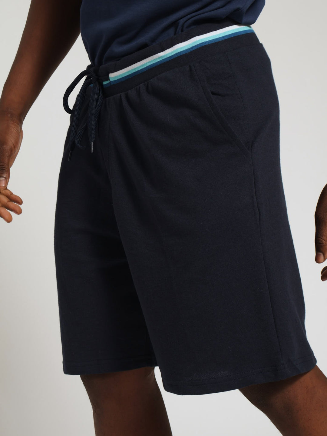 Unbrushed Fleece Knit Pj Shorts With Laid On Tape - Navy