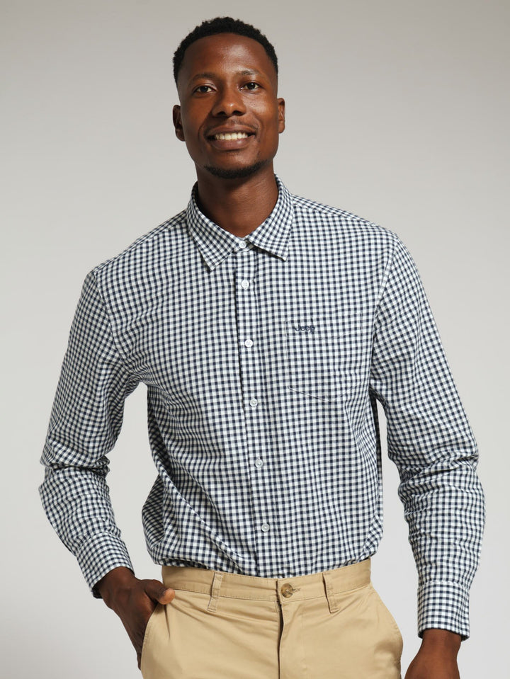 Long Sleeve Casual Check Shirt - Navy